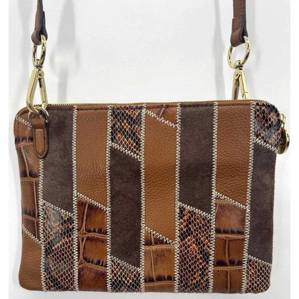 Genuine Leather Crossbody Bag Brown Medium Patchwork Snakeskin Boho Western